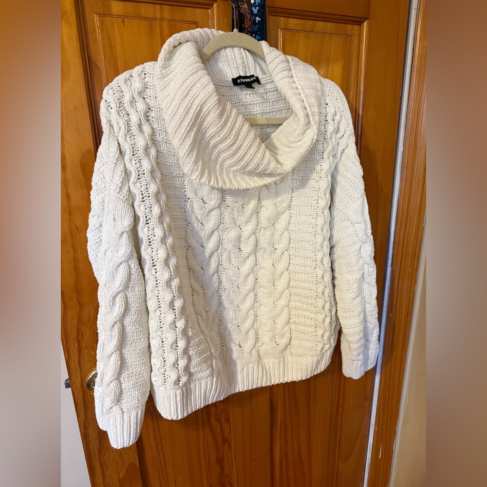 Express Women's Large Cable Knit Cowl Neck, Ivory - 1/2 Sleeve, Wool Blend